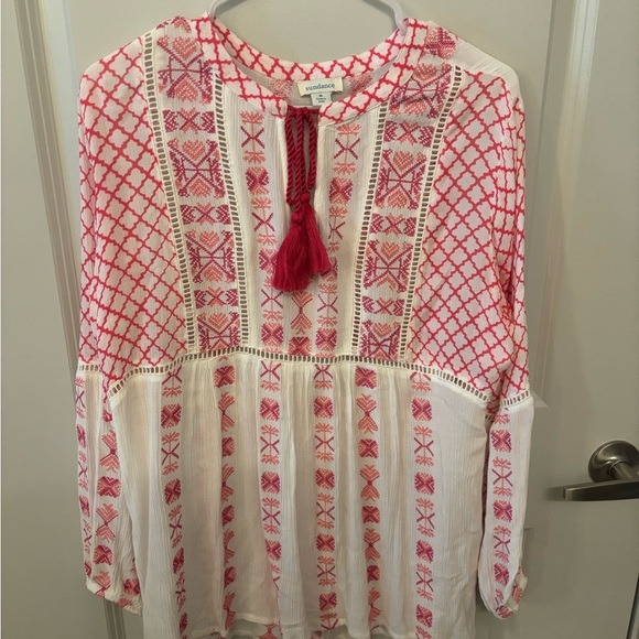 Sundance pink and white patterned flowy long sleeve boho blouse size M - Picture 15 of 16